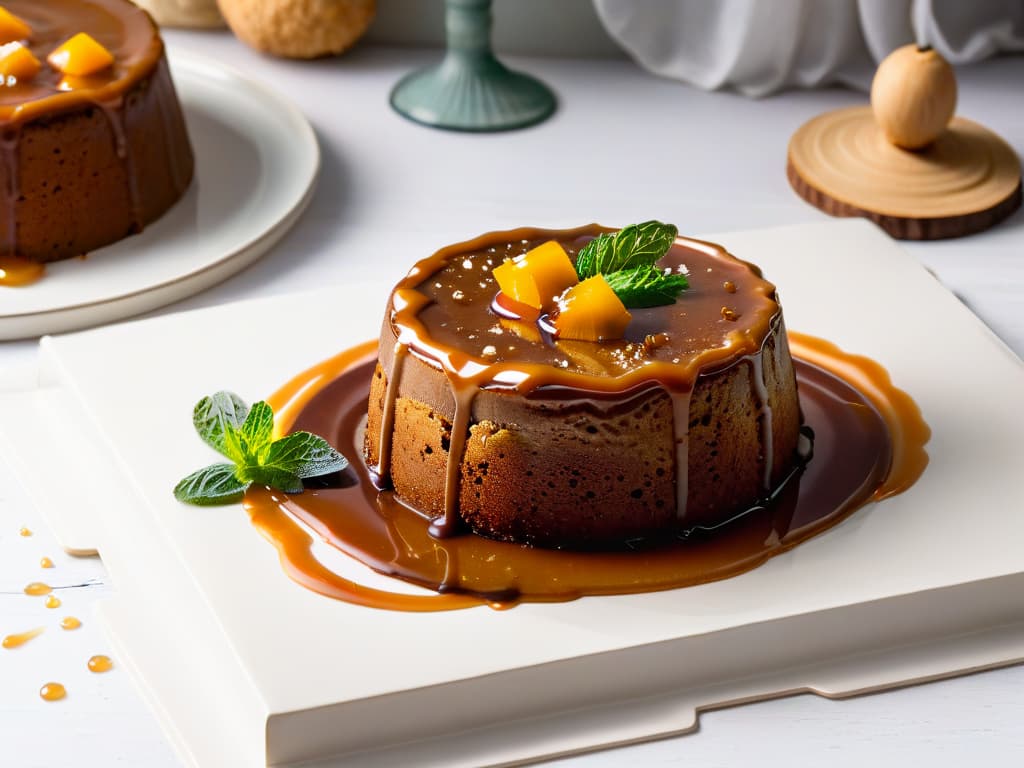  A minimalist, highresolution image of a decadent Sticky Date Pudding on a sleek, modern plate, showcasing the rich, moist texture of the dessert topped with a glossy caramel sauce and a delicate sprig of fresh mint. The pudding is surrounded by scattered date fruits and a drizzle of caramel, with a soft focus on a vintage recipe book in the background, adding a touch of nostalgia and tradition to the composition. The warm, golden hues of the pudding contrast beautifully with the cool, monochromatic tones of the plate, creating a visually striking and appetizing image. hyperrealistic, full body, detailed clothing, highly detailed, cinematic lighting, stunningly beautiful, intricate, sharp focus, f/1. 8, 85mm, (centered image composition), (professionally color graded), ((bright soft diffused light)), volumetric fog, trending on instagram, trending on tumblr, HDR 4K, 8K