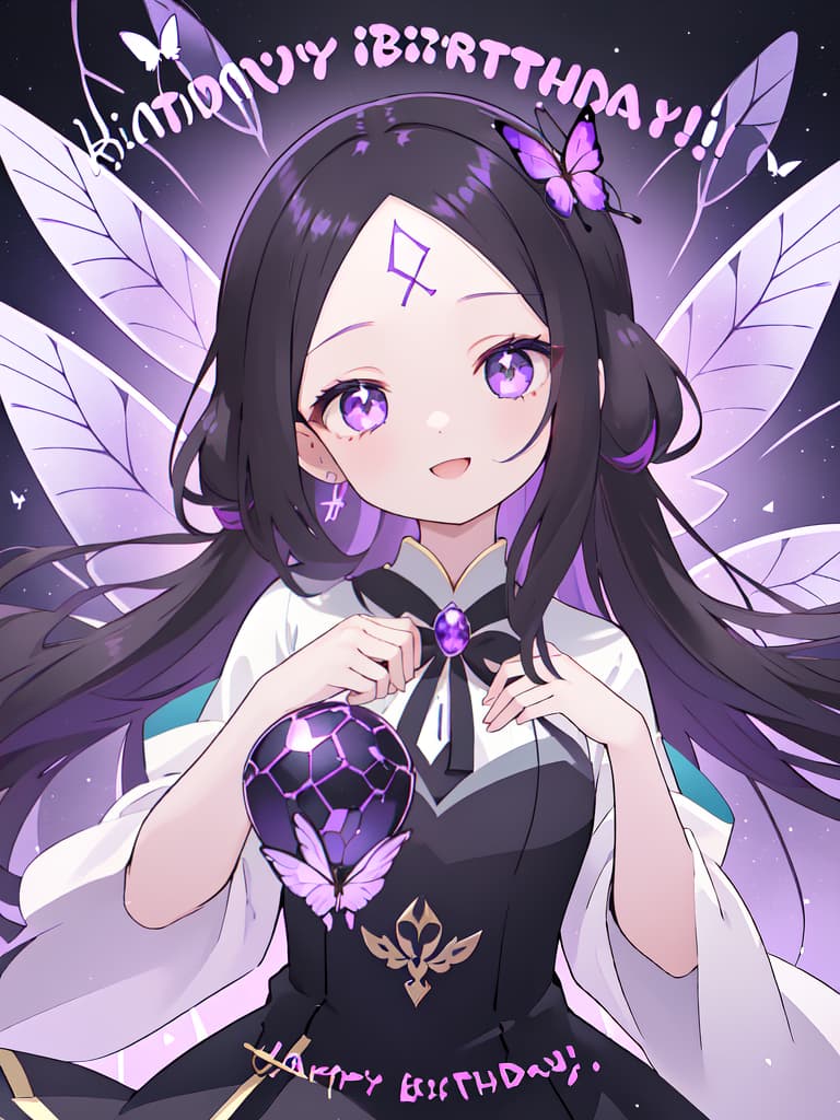  (((HAPPY BIRTHDAYのサイン))),purple butterfly effect,Masterpiece,one woman,(((forehead)))1.5,((( hair style center parted longhair)))1.5,shiny black hair,delicate hair color,purple amethyst eyes,beautiful face,happy Smile! glamorous body,high quality,8K, masterpiece, best quality,8k,ultra detailed,high resolution,an extremely delicate and beautiful,hyper detail