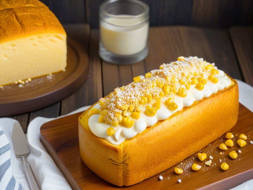  An ultradetailed image of a goldenbrown, freshly baked pan de elote resting on a rustic wooden table. The cornbread is sliced to reveal its moist, crumbly texture speckled with golden corn kernels. A gentle wisp of steam rises from the warm bread, and a dollop of creamy white queso fresco sits beside it, ready to be enjoyed. The soft lighting enhances the textures and colors of the dish, creating a mouthwatering and inviting scene for the viewers. hyperrealistic, full body, detailed clothing, highly detailed, cinematic lighting, stunningly beautiful, intricate, sharp focus, f/1. 8, 85mm, (centered image composition), (professionally color graded), ((bright soft diffused light)), volumetric fog, trending on instagram, trending on tumblr, HDR 4K, 8K