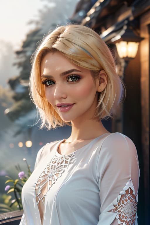  1girl,1girl,blonde short hair,straight hair,upper body shot,shirt,smile hyperrealistic, full body, detailed clothing, highly detailed, cinematic lighting, stunningly beautiful, intricate, sharp focus, f/1. 8, 85mm, (centered image composition), (professionally color graded), ((bright soft diffused light)), volumetric fog, trending on instagram, trending on tumblr, HDR 4K, 8K