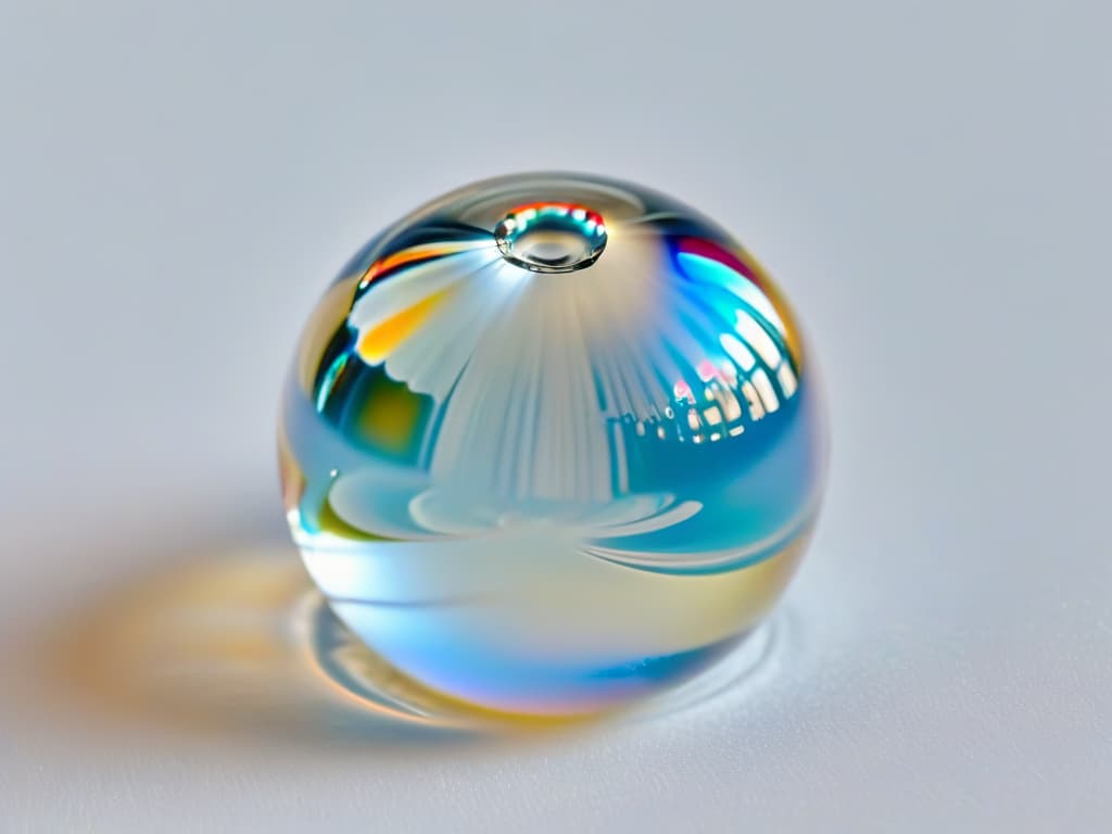  A closeup, ultradetailed image of a single droplet of water suspended in midair, refracting light and showcasing intricate patterns and textures on its surface. The droplet is perfectly spherical, with tiny ripples forming around its edges, highlighting the purity and essence of water as a fundamental element in the art of pastry making. hyperrealistic, full body, detailed clothing, highly detailed, cinematic lighting, stunningly beautiful, intricate, sharp focus, f/1. 8, 85mm, (centered image composition), (professionally color graded), ((bright soft diffused light)), volumetric fog, trending on instagram, trending on tumblr, HDR 4K, 8K