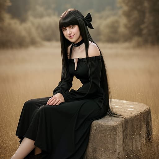  best quality, masterpiece, photorealistic, 1girl, solo, cowboy shot, sitting, long black straight hair, blunt bangs, looking at viewer, smile, lo dress, long dress, layered dress, choker, bow, long sleeves