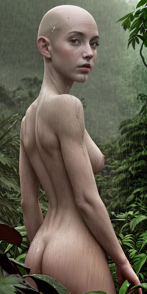  bald-girl, dirty, naked, with her back, in the jungle, it's raining, looking at me