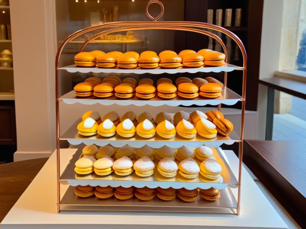  A photorealistic image of a traditional French patisserie kitchen, filled with marble countertops displaying delicate pastries like macarons, éclairs, and tarts. The room is softly lit, casting a warm glow on the golden croissants cooling on wire racks, while a vintage copper stand mixer whirs in the background. The shelves are lined with cookbooks, including one titled "Secretos de la Repostería Francesa," its pages slightly open to reveal a recipe for a decadent millefeuille. Sunlight streams through lace curtains, creating a serene and inviting atmosphere for any aspiring pastry chef. hyperrealistic, full body, detailed clothing, highly detailed, cinematic lighting, stunningly beautiful, intricate, sharp focus, f/1. 8, 85mm, (centered image composition), (professionally color graded), ((bright soft diffused light)), volumetric fog, trending on instagram, trending on tumblr, HDR 4K, 8K