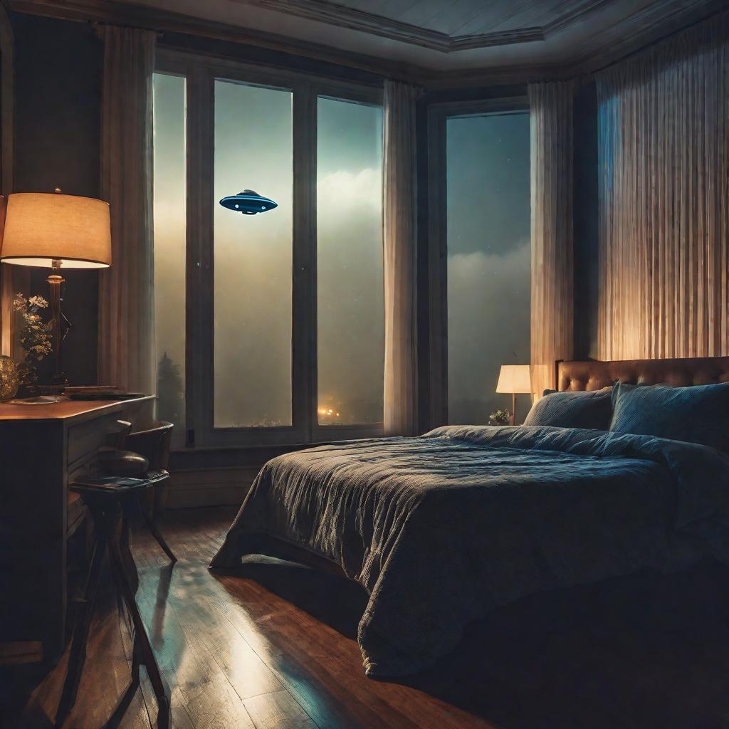  Ufo outside bedroom window at night hyperrealistic, full body, detailed clothing, highly detailed, cinematic lighting, stunningly beautiful, intricate, sharp focus, f/1. 8, 85mm, (centered image composition), (professionally color graded), ((bright soft diffused light)), volumetric fog, trending on instagram, trending on tumblr, HDR 4K, 8K