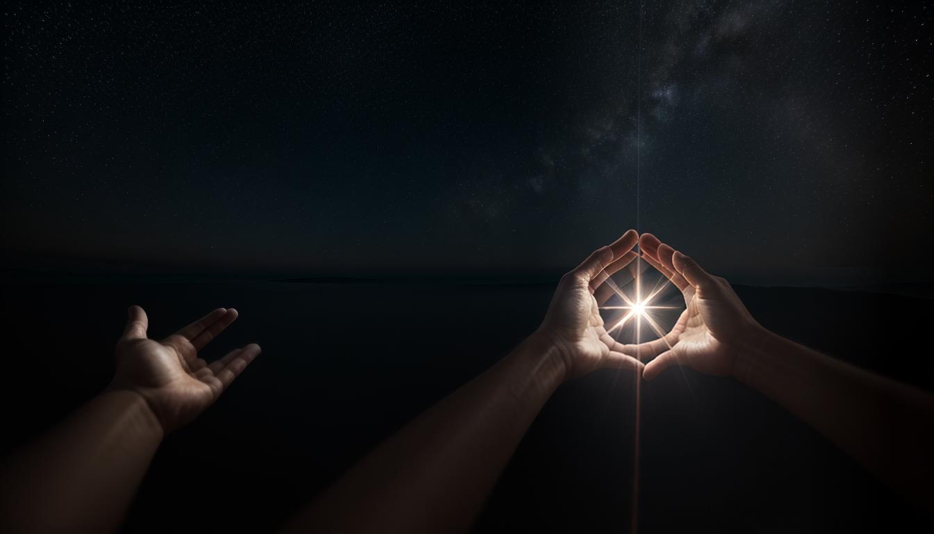  cinematic, aesthetic, Hands gently offering a shining star, symbolizing giving freely of time and energy, outstretched hands, glowing star, luminous offering, generous light, hopeful, 4k, HDR, lens flare