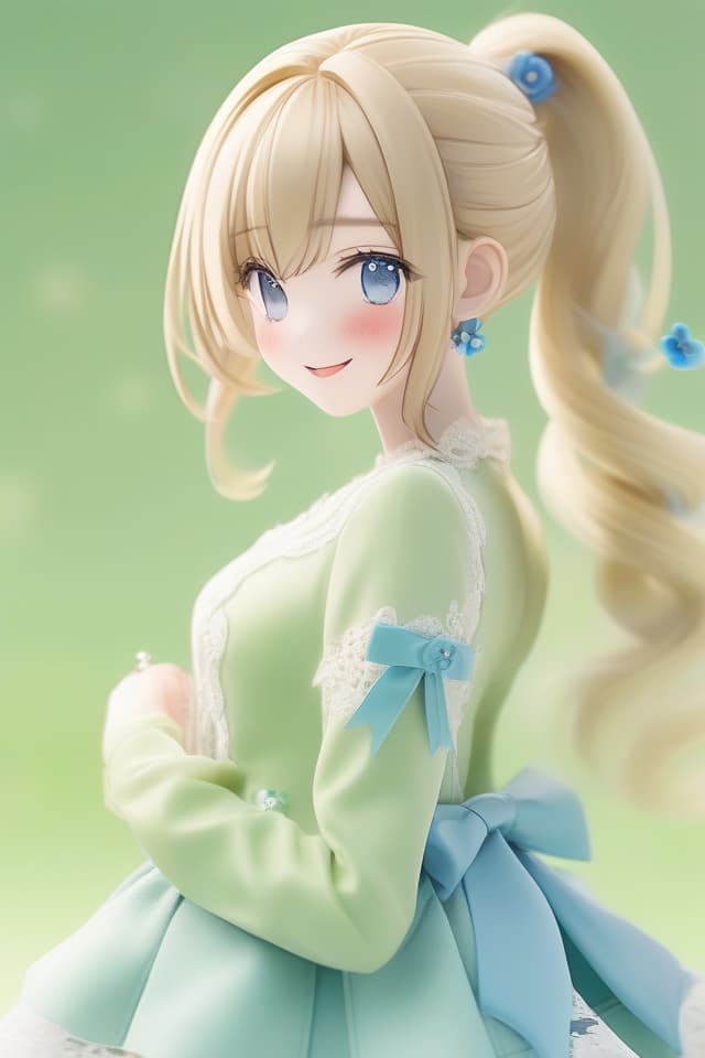  Masterpiece,one delicate lady,flaxen hair color,delicate hair color,shiny hair,ponytail,hair ornament is light green ribbon,delicate blue eye color,smiling,round collar,lace,long sleeves,light green Skirt,pretty blue brooch,background is flower,green,super high quality,super analysis,8K