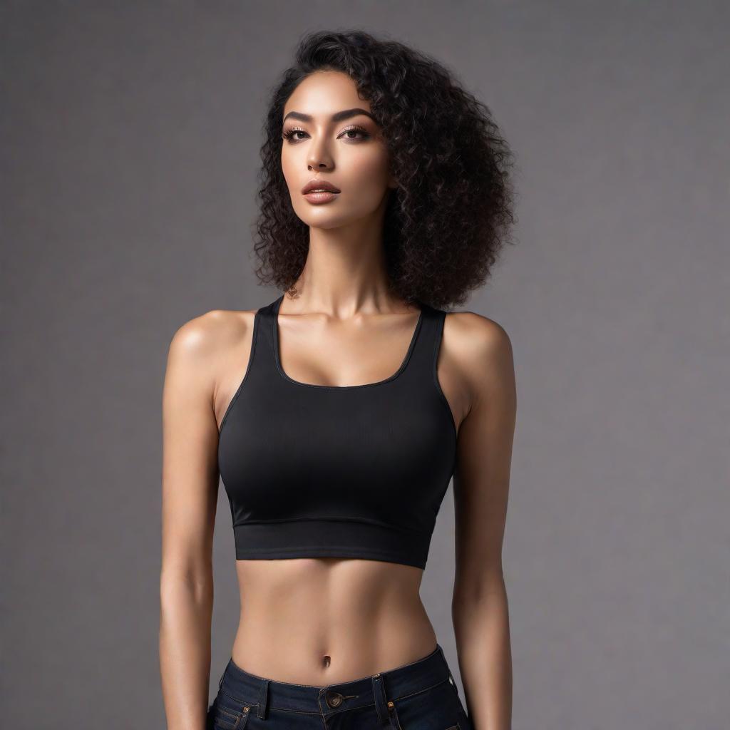  A female model wearing an all-black crop top featuring the uploaded design. The design should be prominently displayed in the center of the crop top. Show the model from multiple angles: front view, side view, and back view. Ensure the design is clearly visible from the front view. The setting should be simple and neutral, suitable for an online store like Shopify. Use the provided design: https://chatai-prod-1.s3.us-west-1.amazonaws.com/uploads/r7mbp56ivm5ierfl62uszh5d1frz1127.png hyperrealistic, full body, detailed clothing, highly detailed, cinematic lighting, stunningly beautiful, intricate, sharp focus, f/1. 8, 85mm, (centered image composition), (professionally color graded), ((bright soft diffused light)), volumetric fog, trending on instagram, trending on tumblr, HDR 4K, 8K