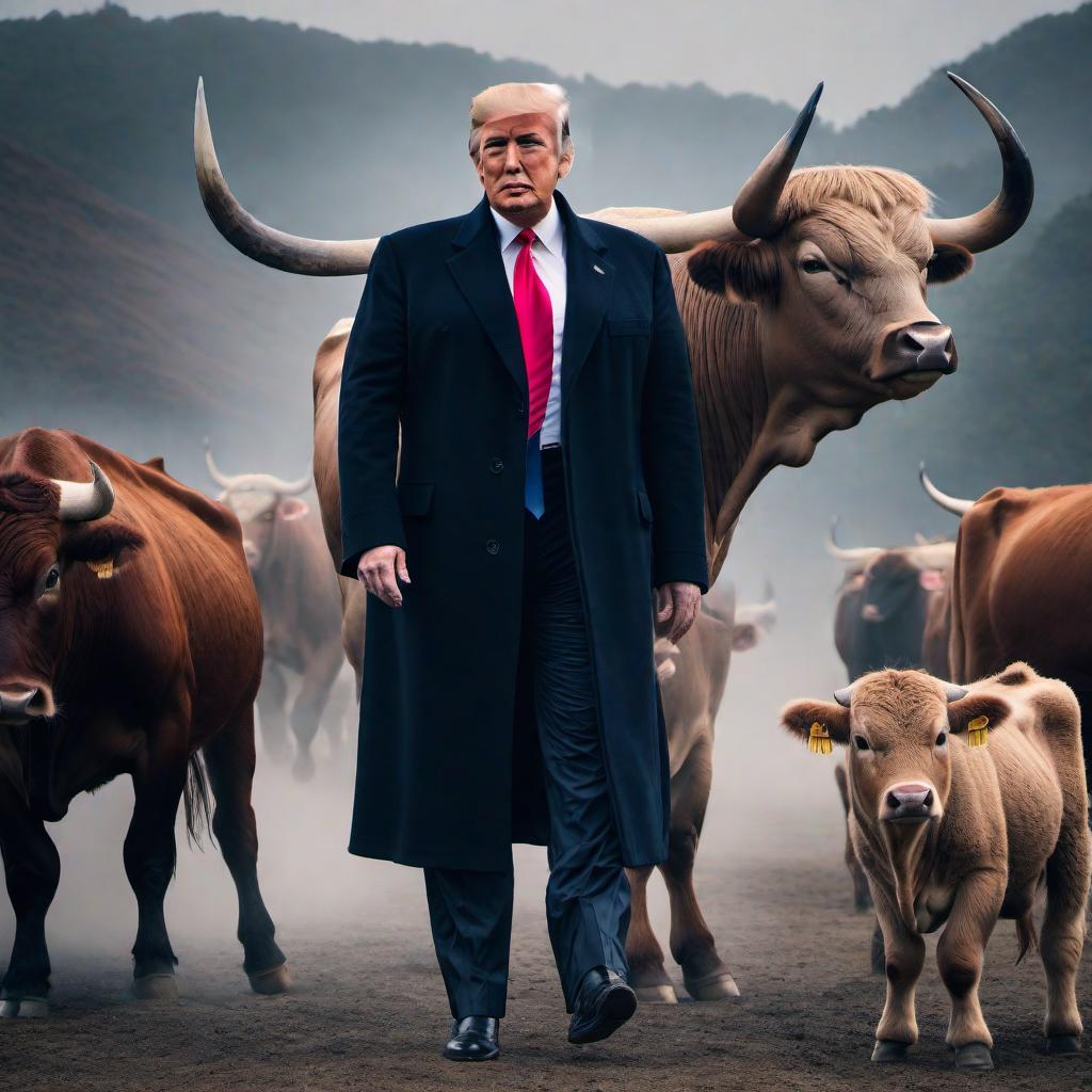  /hiresai Donald trump holding a bull by its neck hyperrealistic, full body, detailed clothing, highly detailed, cinematic lighting, stunningly beautiful, intricate, sharp focus, f/1. 8, 85mm, (centered image composition), (professionally color graded), ((bright soft diffused light)), volumetric fog, trending on instagram, trending on tumblr, HDR 4K, 8K