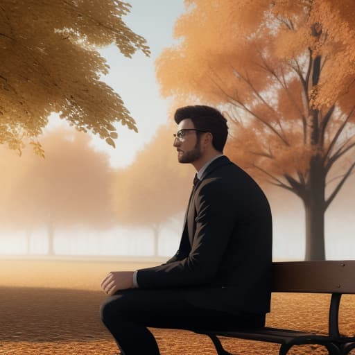  a man sitting on a park bench under a tree, golden autumn leaves falling around him hyperrealistic, full body, detailed clothing, highly detailed, cinematic lighting, stunningly beautiful, intricate, sharp focus, f/1. 8, 85mm, (centered image composition), (professionally color graded), ((bright soft diffused light)), volumetric fog, trending on instagram, trending on tumblr, HDR 4K, 8K