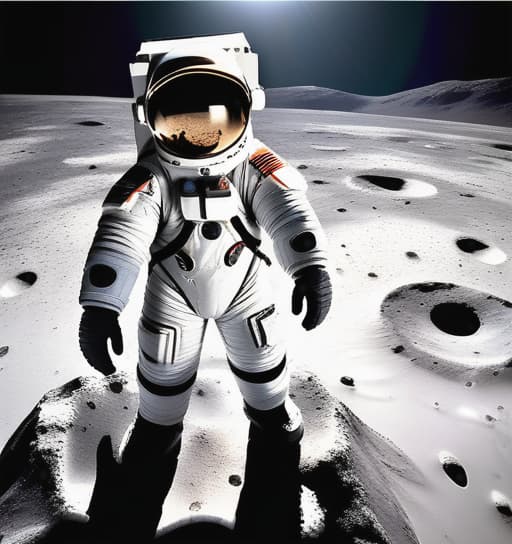  [Picture content] A man standing on the moon's surface, wearing a spacesuit, and holding a camera to take a selfie. The vast expanse of the lunar landscape can be seen in the background, with craters and rocky terrain stretching out as far as the eye can see.

[Positive reminder] A fearless astronaut, clad in a sleek spacesuit, stands proudly on the desolate surface of the moon. With a confident smile, he captures a stunning ultra HD selfie, showcasing the awe-inspiring lunar landscape. The high-definition image captures every intricate detail, from the rugged craters to the rocky terrain. This masterpiece is a testament to human achievement and exploration, a true marvel of modern technology. The photo is reminiscent of iconic moon landing