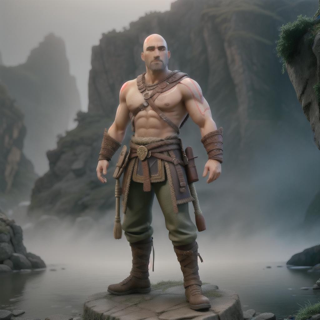  God of war hyperrealistic, full body, detailed clothing, highly detailed, cinematic lighting, stunningly beautiful, intricate, sharp focus, f/1. 8, 85mm, (centered image composition), (professionally color graded), ((bright soft diffused light)), volumetric fog, trending on instagram, trending on tumblr, HDR 4K, 8K