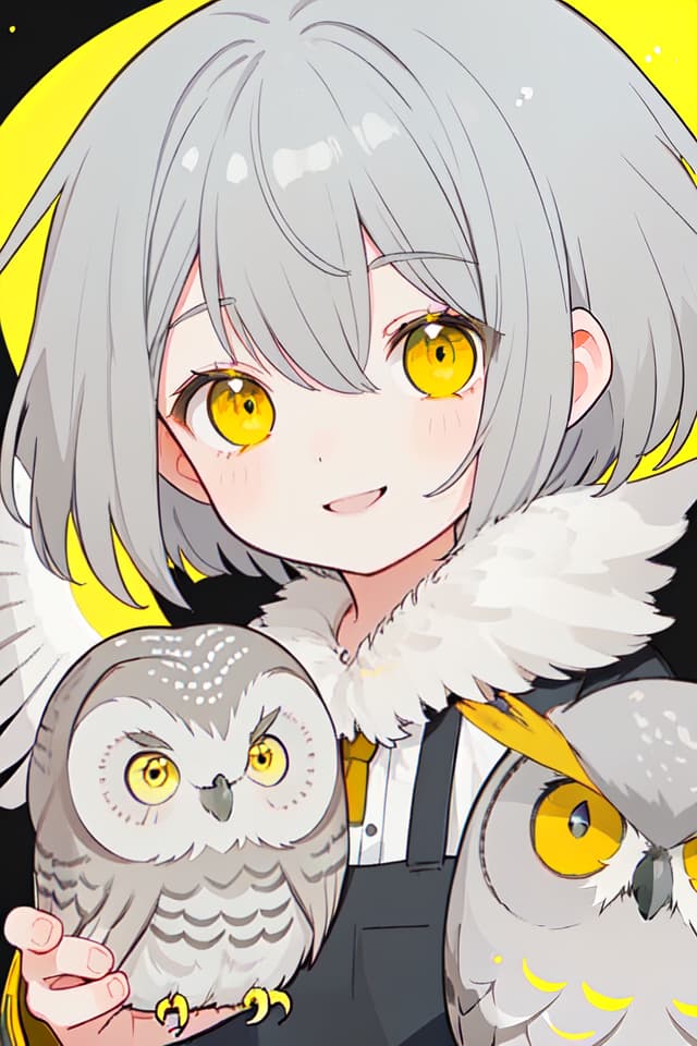  Gray hair, front down Bob, boy, smiling, yellow eyes, owl