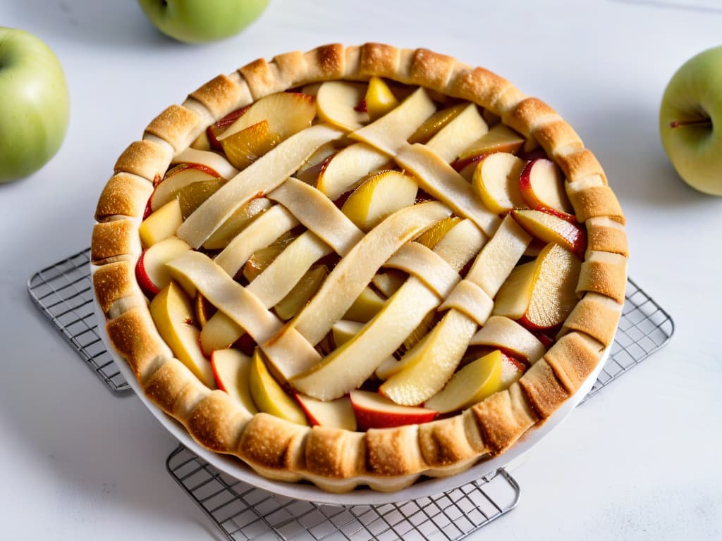  A closeup, ultradetailed image of a goldenbrown glutenfree apple pie, freshly baked and cooling on a wire rack. The pie is adorned with thinly sliced apple pieces arranged in a circular pattern on top, dusted lightly with cinnamon. The crust is perfectly flaky, with a hint of golden sparkle from a sugar glaze. The background is a clean, white marble countertop, emphasizing the minimalistic and professional aesthetic. hyperrealistic, full body, detailed clothing, highly detailed, cinematic lighting, stunningly beautiful, intricate, sharp focus, f/1. 8, 85mm, (centered image composition), (professionally color graded), ((bright soft diffused light)), volumetric fog, trending on instagram, trending on tumblr, HDR 4K, 8K