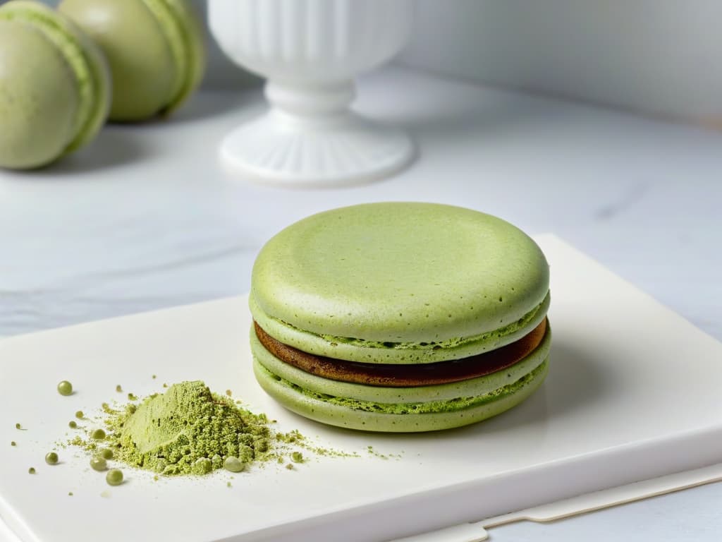  An intricate, closeup image of a delicate matcha green tea macaron with a smooth, glossy surface, dusted with vibrant green tea powder, resting on a marble countertop under soft natural light. The macaron is perfectly piped and filled, showcasing layers of light green cream, with tiny specks of vanilla beans visible, creating a visually striking and appetizing composition. hyperrealistic, full body, detailed clothing, highly detailed, cinematic lighting, stunningly beautiful, intricate, sharp focus, f/1. 8, 85mm, (centered image composition), (professionally color graded), ((bright soft diffused light)), volumetric fog, trending on instagram, trending on tumblr, HDR 4K, 8K