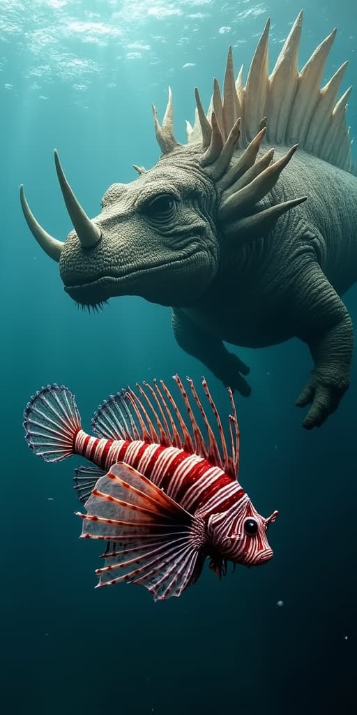  good quality, high quality, a red lionfish swimming right next to a huge mosasaurus, epic, realistic, highly detailed