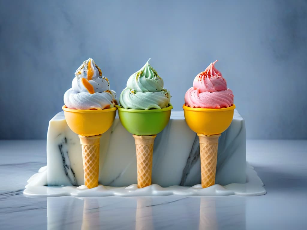  A minimalist, highresolution image of a variety of homemade ice cream scoops in vibrant colors and different flavors, neatly arranged on a sleek marble countertop. hyperrealistic, full body, detailed clothing, highly detailed, cinematic lighting, stunningly beautiful, intricate, sharp focus, f/1. 8, 85mm, (centered image composition), (professionally color graded), ((bright soft diffused light)), volumetric fog, trending on instagram, trending on tumblr, HDR 4K, 8K