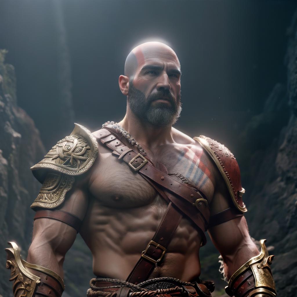  God of war hyperrealistic, full body, detailed clothing, highly detailed, cinematic lighting, stunningly beautiful, intricate, sharp focus, f/1. 8, 85mm, (centered image composition), (professionally color graded), ((bright soft diffused light)), volumetric fog, trending on instagram, trending on tumblr, HDR 4K, 8K