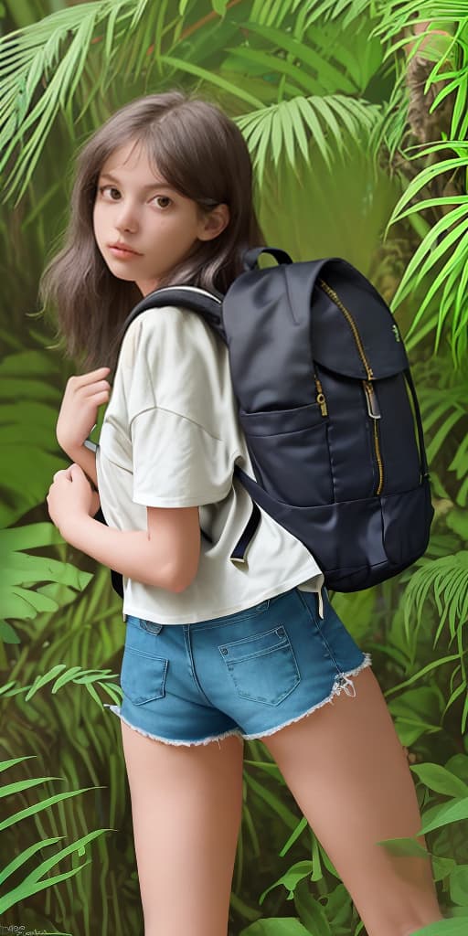  girl-in the jungle, in shorts, with a backpack