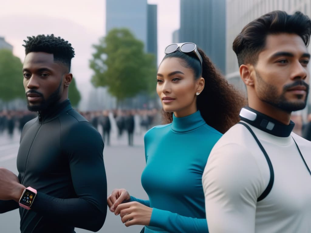  A highresolution image of a diverse group of individuals, including people of different ages, genders, and ethnicities, wearing stylish premium wearables such as smartwatches, fitness trackers, and smart jewelry. The setting is a sleek, modern urban environment with a backdrop of a bustling cityscape, symbolizing inclusivity and cuttingedge technology seamlessly integrated into everyday life. The individuals are shown engaging in various activities that showcase the versatility and functionality of the wearables, exuding confidence and sophistication. The image conveys a sense of unity, empowerment, and style, perfectly encapsulating the essence of premium wearables for an inclusive lifestyle. hyperrealistic, full body, detailed clothing, highly detailed, cinematic lighting, stunningly beautiful, intricate, sharp focus, f/1. 8, 85mm, (centered image composition), (professionally color graded), ((bright soft diffused light)), volumetric fog, trending on instagram, trending on tumblr, HDR 4K, 8K