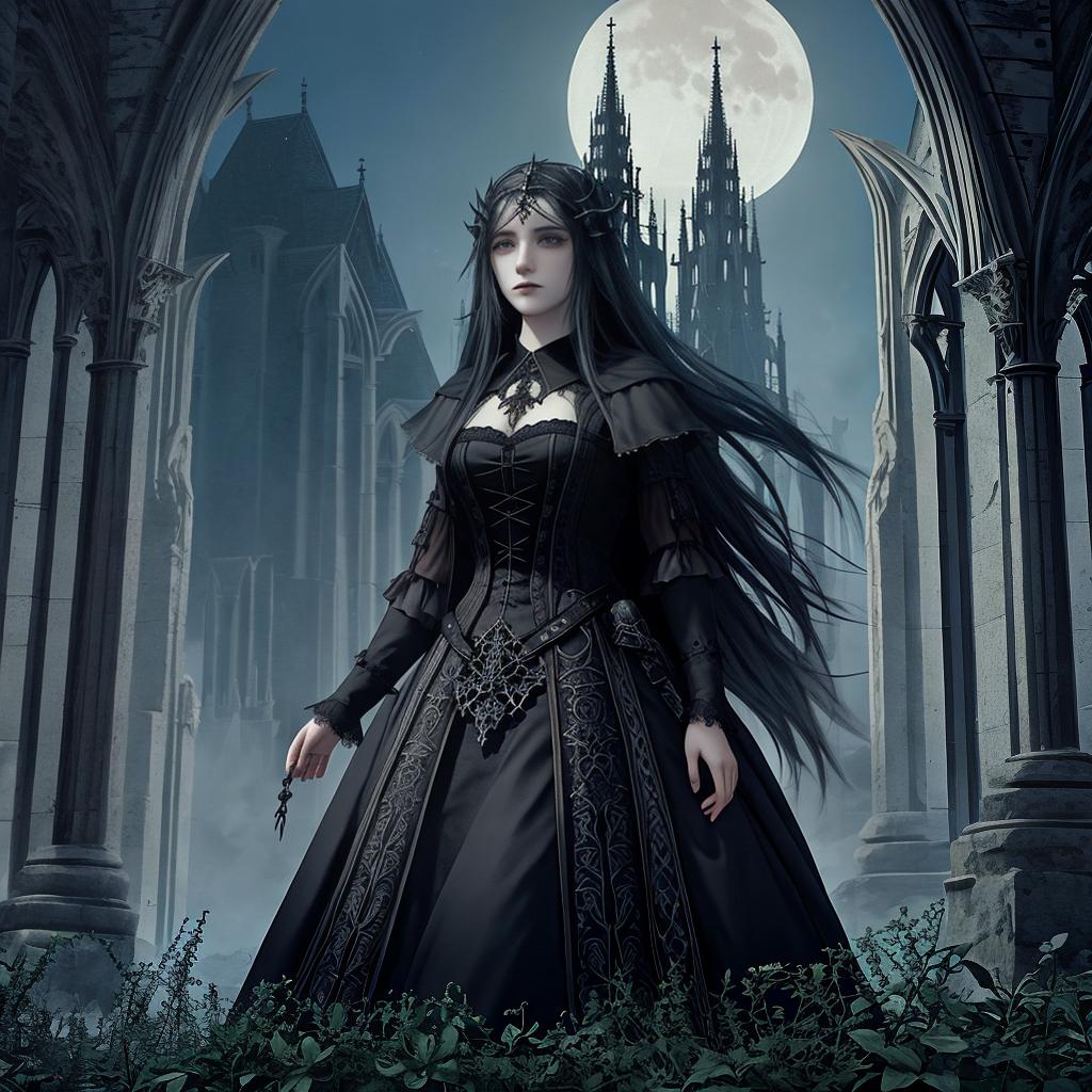  in a gothic aesthetic, Ethereal spires pierce the moonlit sky, as ancient arches weave tales of forgotten realms in a Gothic tapestry.