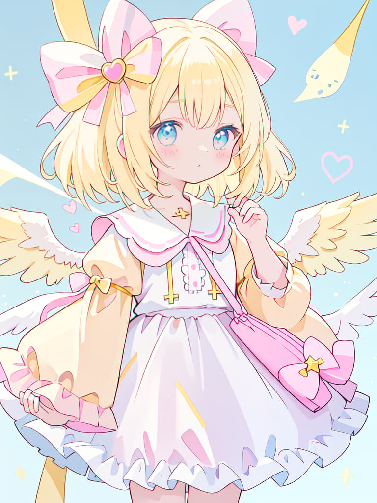  Light yellow hair, two knots, two ribbons on the head, heart pins with wings, infants, pastel colored clothes, light blue, pink and yellow clothes, pink and white arm warmer, cat dolls. Holding, star access to the head, a necklace with a ribbon on the cross, masterpiece, best quality,8k,ultra detailed,high resolution,an extremely delicate and beautiful,hyper detail