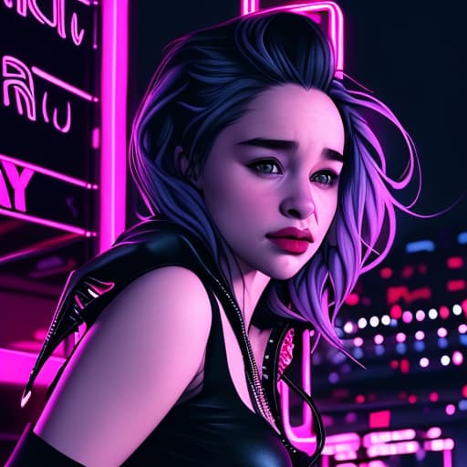  Emilia Clarke as a punk chick. Dark neon city background.