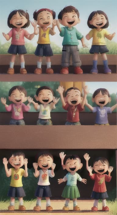  {A heartwarming scene of all the children waving goodbye with happy expressions., Children waving with wide smiles, looking grateful and content.