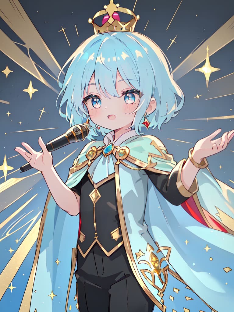  Masterpiece,(((one boy)))1.5,cute,delicate light blue hair color,shiny hair color,Blake,((( small crown on head,gold pattern on background,jewelry))),shimmering,(((short red cape))),((( black suit,gorgeous)))1.5,gold lamé,Blake,holding microphone,dancing,(((singing,speaking ♪♬))),best smile,Standing on stage,spotlight,super high quality,super precise,super precise,super precise,super precise,super analytical,16K, masterpiece, best quality,8k,ultra detailed,high resolution,an extremely delicate and beautiful,hyper detail