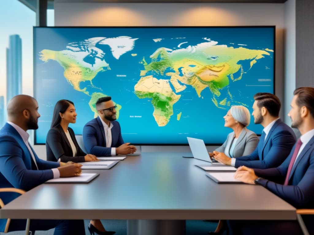 A detailed and modern illustration showcasing a diverse group of individuals from different cultural backgrounds engaging in a discussion about property rights in a global setting. The image features a bustling cityscape in the background, symbolizing international economic activity. Each person is depicted with intricate details, emphasizing their unique characteristics and professional attire. The setting is a contemporary conference room with a large world map on the wall, indicating a focus on global perspectives. The color palette is sophisticated, with shades of blue, grey, and metallic accents, enhancing the professional and informative tone of the article. hyperrealistic, full body, detailed clothing, highly detailed, cinematic lighting, stunningly beautiful, intricate, sharp focus, f/1. 8, 85mm, (centered image composition), (professionally color graded), ((bright soft diffused light)), volumetric fog, trending on instagram, trending on tumblr, HDR 4K, 8K