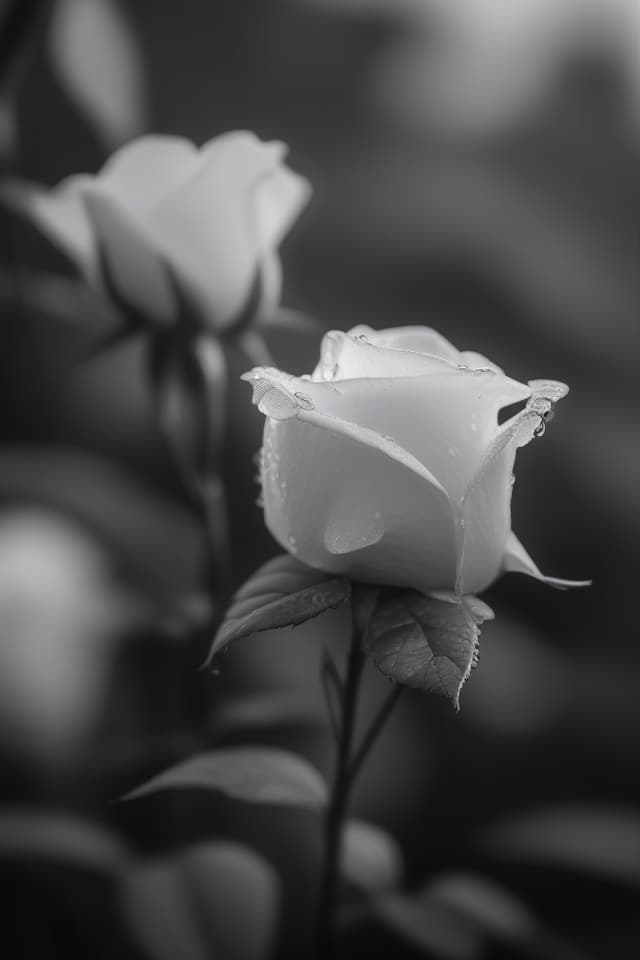  {{B&W,Monochrome World:1.4}},super detail,8k,high res,absurd,employed,detailed,delicate composition,cinematic angles,bold composition,subtle features,{{no people:1.4}},((close up,photo,plant)){morning dew,roses},top quality,masterpiece,