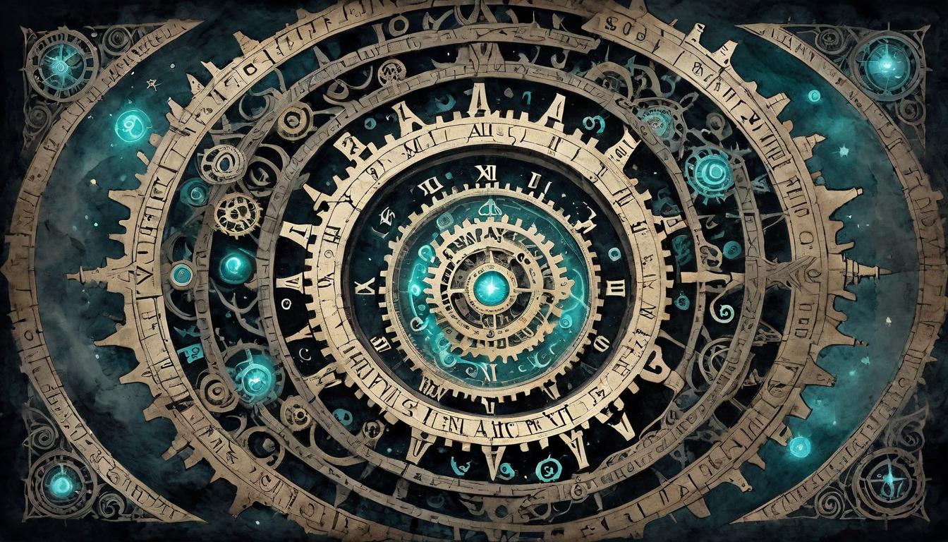  on parchment, surrealism+++, Temporal anchoring device, intricate gears and glowing runes, suspended in a swirling temporal vortex, dark and futuristic, arcane technology(mysterious, provocative, symbolic,muted color)+++