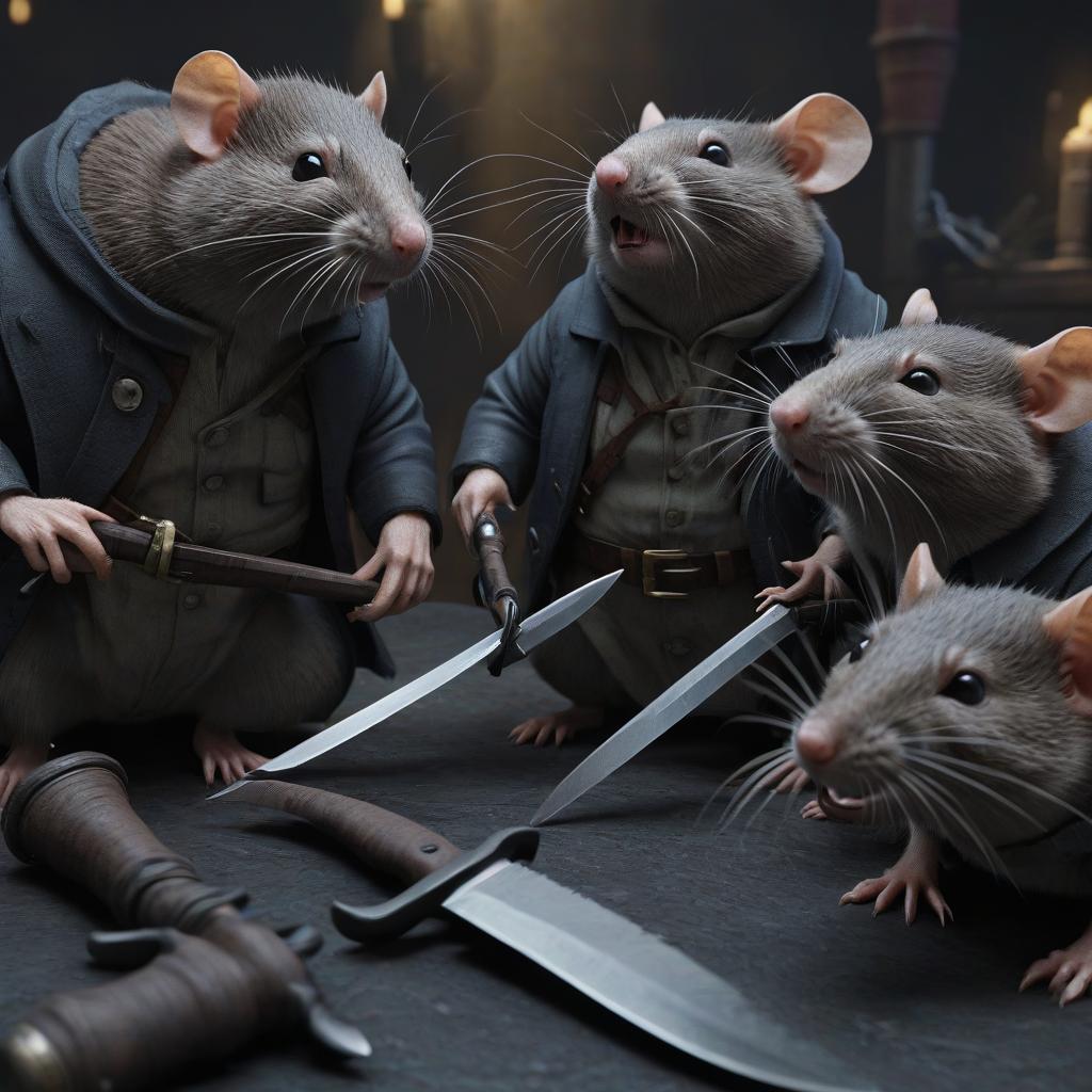  professional 3d model An evil pack of rats, with knives, dressed as robbers, all together. . octane render, highly detailed, volumetric, dramatic lighting, hkmagic hyperrealistic, full body, detailed clothing, highly detailed, cinematic lighting, stunningly beautiful, intricate, sharp focus, f/1. 8, 85mm, (centered image composition), (professionally color graded), ((bright soft diffused light)), volumetric fog, trending on instagram, trending on tumblr, HDR 4K, 8K