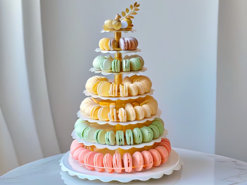  A closeup, ultradetailed photograph of a beautifully intricate French macaron tower, showcasing a delicate balance of pastel colors and exquisite textures. Each macaron is perfectly formed, with a glossy finish and a dusting of edible gold leaf, arranged in a spiral formation on a pristine white marble platter. The image captures the light reflecting off the macarons, highlighting their flawless structure and inviting the viewer to appreciate the artistry and precision of these gourmet pastries. hyperrealistic, full body, detailed clothing, highly detailed, cinematic lighting, stunningly beautiful, intricate, sharp focus, f/1. 8, 85mm, (centered image composition), (professionally color graded), ((bright soft diffused light)), volumetric fog, trending on instagram, trending on tumblr, HDR 4K, 8K