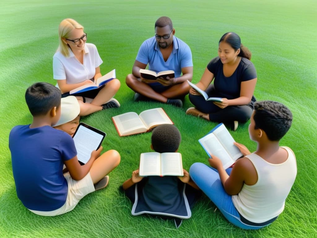  A highly detailed image of a diverse group of students of various ages and ethnicities sitting in a circle on a vibrant green grass field under a clear blue sky. Each student is engrossed in their own unique method of learning some are reading books, others are using tablets, a few are engaged in handson activities like painting or building. The scene exudes a sense of inclusivity, with each student feeling a sense of belonging and actively participating in their own style of learning. The minimalistic style captures the essence of diversity and equitable education practices in a visually striking manner. hyperrealistic, full body, detailed clothing, highly detailed, cinematic lighting, stunningly beautiful, intricate, sharp focus, f/1. 8, 85mm, (centered image composition), (professionally color graded), ((bright soft diffused light)), volumetric fog, trending on instagram, trending on tumblr, HDR 4K, 8K