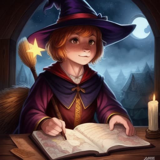  watercolor, storybook, child-book, witch, Young boy sitting on a red broom, looking at a map with a purple hat, night sky with a crescent moon, yellow stars, and a small village below., best quality, very detailed, high resolution, sharp, sharp image hyperrealistic, full body, detailed clothing, highly detailed, cinematic lighting, stunningly beautiful, intricate, sharp focus, f/1. 8, 85mm, (centered image composition), (professionally color graded), ((bright soft diffused light)), volumetric fog, trending on instagram, trending on tumblr, HDR 4K, 8K