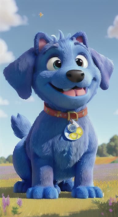  {A happy, big blue dog wagging its tail in a colorful meadow, The big blue dog is large with sky blue fur, big round eyes, a black nose, and floppy ears.