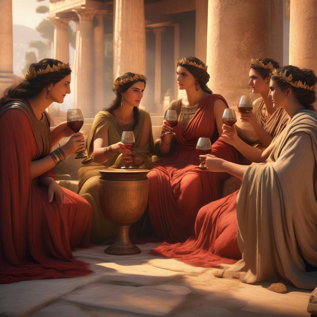  hyperrealistic art Around five women in ancient Greece are sitting next to each other, chatting happily and drinking wine mixed with blood from an ancient goblet. Atmosphere of the ritual. Detail. Close up shot. Ancient Greek clothing. . extremely high resolution details, photographic, realism pushed to extreme, fine texture, incredibly lifelike hyperrealistic, full body, detailed clothing, highly detailed, cinematic lighting, stunningly beautiful, intricate, sharp focus, f/1. 8, 85mm, (centered image composition), (professionally color graded), ((bright soft diffused light)), volumetric fog, trending on instagram, trending on tumblr, HDR 4K, 8K