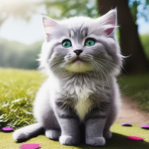  A small, fluffy grey cat playing with a colorful scribbled drawings on the ground, surrounded by green leaves and a bright sunny sky, best quality, very detailed, high resolution, sharp, sharp image, extremely detailed, (child-friendly:1.5) hyperrealistic, full body, detailed clothing, highly detailed, cinematic lighting, stunningly beautiful, intricate, sharp focus, f/1. 8, 85mm, (centered image composition), (professionally color graded), ((bright soft diffused light)), volumetric fog, trending on instagram, trending on tumblr, HDR 4K, 8K