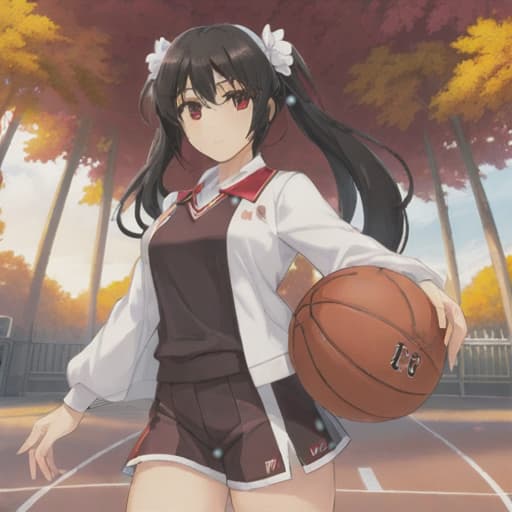  anime girl black hair bright dark brown eyes red and white basketball uniform with the number 18 and the name Nicky white and black shoes Have your hair in a medium high ponytail with two strands on the sides of your ears, have a basketball and look full body Pastel Palette, Da Vinci's Dreams, Picasso's , Sunrise Splendors, Floral Fantasy, Mystical Moonscapes, Urban Nature, Crystal Clear, Cinematic hyperrealistic, full body, detailed clothing, highly detailed, cinematic lighting, stunningly beautiful, intricate, sharp focus, f/1. 8, 85mm, (centered image composition), (professionally color graded), ((bright soft diffused light)), volumetric fog, trending on instagram, trending on tumblr, HDR 4K, 8K