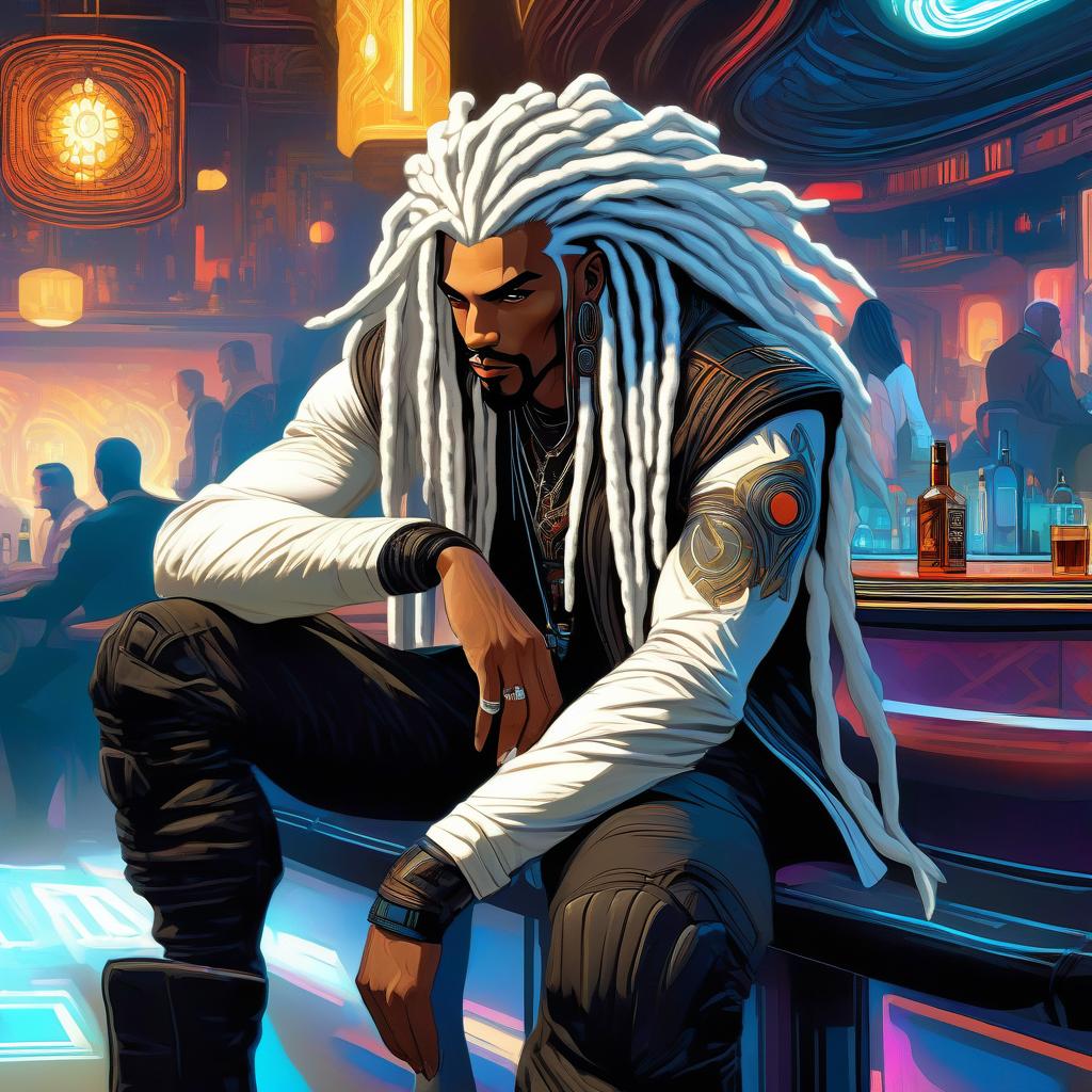  concept art Highly detailed ilration in sci fi style: A man with black short hair, sitting on a sofa in a bar, emces a sitting next to him, with long white dreadlocks and a large in a white combination. Full length shot. Intricate details and bright colors, digital painting, popular on DeviantArt. . digital artwork, ilrative, painterly, matte painting, highly detailed hyperrealistic, full body, detailed clothing, highly detailed, cinematic lighting, stunningly beautiful, intricate, sharp focus, f/1. 8, 85mm, (centered image composition), (professionally color graded), ((bright soft diffused light)), volumetric fog, trending on instagram, trending on tumblr, HDR 4K, 8K