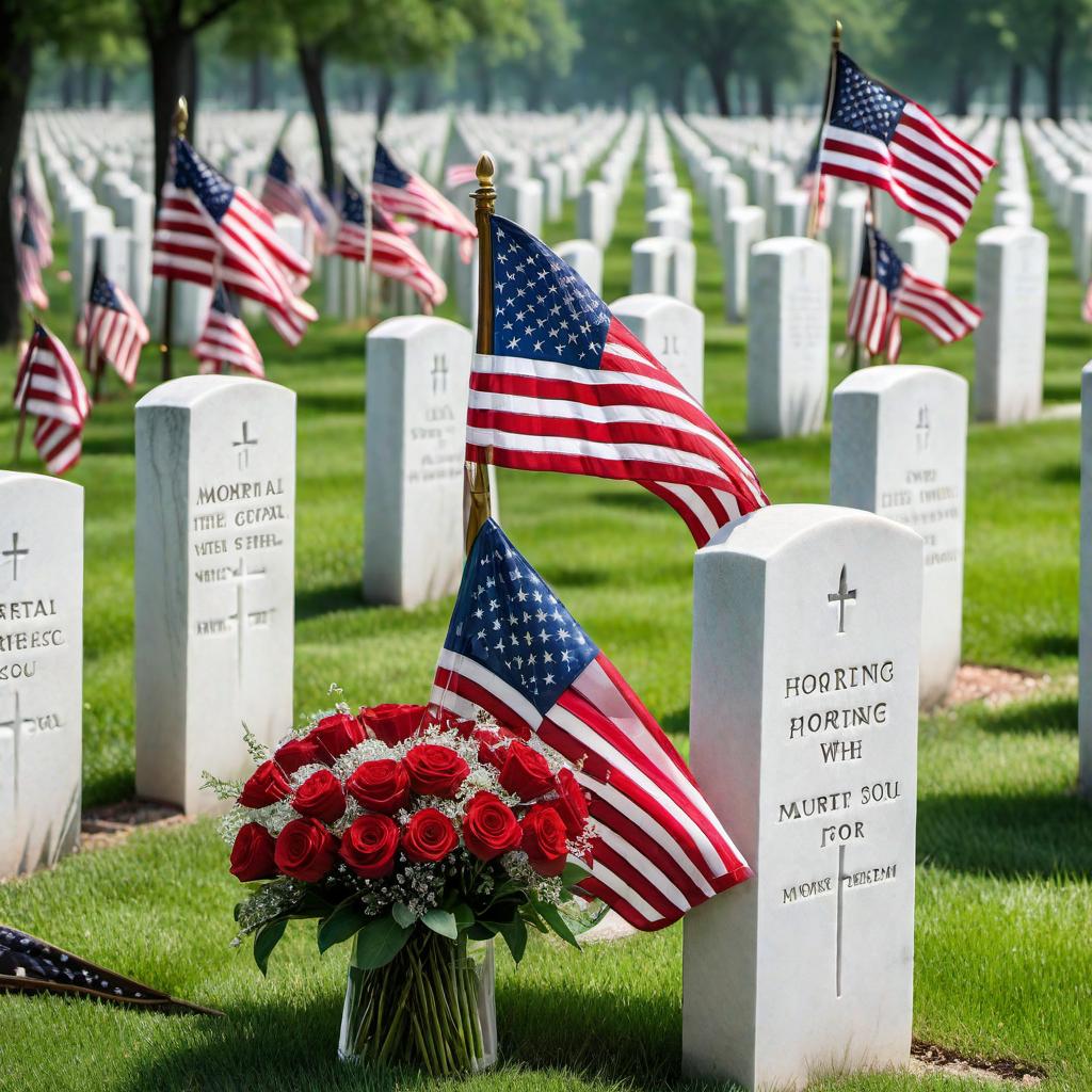  An image depicting Memorial Day remembrance. Show a serene and respectful scene at a military cemetery with American flags placed next to white headstones. Include a subtle overlay of the caption 'Honoring the brave souls who gave everything for our freedom. 🌺 #MemorialDay #ForeverGrateful' at the bottom of the image. hyperrealistic, full body, detailed clothing, highly detailed, cinematic lighting, stunningly beautiful, intricate, sharp focus, f/1. 8, 85mm, (centered image composition), (professionally color graded), ((bright soft diffused light)), volumetric fog, trending on instagram, trending on tumblr, HDR 4K, 8K