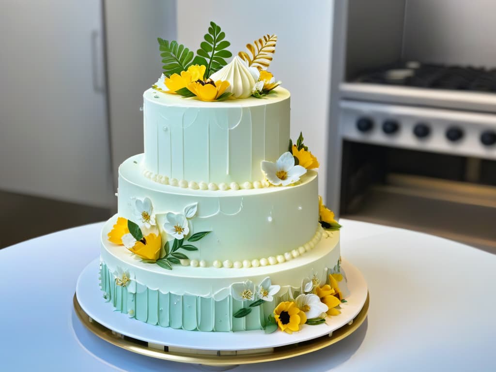  A closeup, ultradetailed image of a beautifully decorated threetiered wedding cake, featuring intricate floral piping, delicate fondant details, and shimmering edible gold leaf accents. The cake is displayed on a sleek marble cake stand against a softfocus background of a bustling bakery kitchen, with pastry chefs in crisp white uniforms skillfully crafting more delectable treats. The image conveys a sense of artistry, precision, and dedication to the craft of pastry making, inspiring viewers to enroll in online courses to elevate their baking skills and entrepreneurial ventures in the realm of confectionery arts. hyperrealistic, full body, detailed clothing, highly detailed, cinematic lighting, stunningly beautiful, intricate, sharp focus, f/1. 8, 85mm, (centered image composition), (professionally color graded), ((bright soft diffused light)), volumetric fog, trending on instagram, trending on tumblr, HDR 4K, 8K