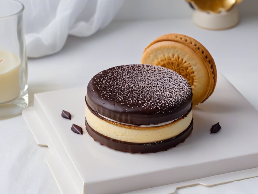  A minimalist and highly detailed image of a traditional alfajor, showcasing layers of delicate shortbread cookies filled with dulce de leche and coated in a thin layer of dark chocolate, set against a clean, white background. The image captures the intricate textures of the crumbly cookies, the smoothness of the caramellike filling, and the glossy finish of the chocolate coating, evoking a sense of elegance and heritage. hyperrealistic, full body, detailed clothing, highly detailed, cinematic lighting, stunningly beautiful, intricate, sharp focus, f/1. 8, 85mm, (centered image composition), (professionally color graded), ((bright soft diffused light)), volumetric fog, trending on instagram, trending on tumblr, HDR 4K, 8K