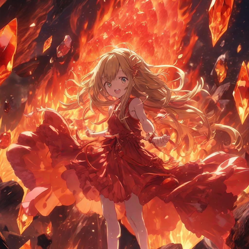  anime artwork, A fiery red lava flow surrounds a mesmerizing crystal object, its faceted surfaces glinting in the intense heat. The crystal, a rare and precious fire stone, seems to pulse with an inner light, as if imbued with the very essence of the volcano's fiery power. The molten lava swirls and churns around the crystal, its intense heat and movement creating a dramatic and otherworldly scene. The crystal remains steadfast and unyielding, a testament to the enduring strength and beauty of nature's most elemental forces., anime style, key visual, vibrant, studio anime, highly detailed