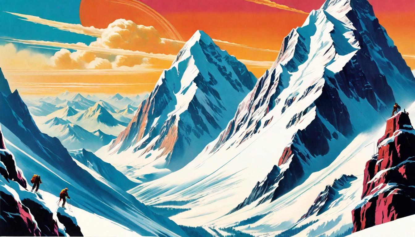  retro futuristic A snow capped peak, with climbers roped together, symbolizing the journey of shared struggles to reach new heights, Climbing, shared triumph, transcendent lvintage sci fi, 50s and 60s style, atomic age, vibrant, highly detailed