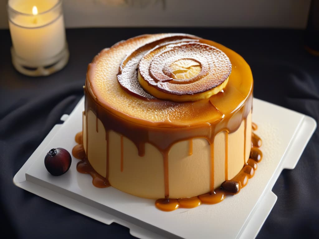  A closeup, ultradetailed image of a freshly baked traditional sponge cake drizzled with rich, golden panela syrup, captured from a slightly elevated angle to showcase the intricate texture of the cake crumb and the glossy sheen of the syrup as it slowly cascades down the sides. The lighting is soft, casting gentle shadows that accentuate the cake's contours, while the backdrop is a simple, muted surface to emphasize the elegance and simplicity of the dessert. hyperrealistic, full body, detailed clothing, highly detailed, cinematic lighting, stunningly beautiful, intricate, sharp focus, f/1. 8, 85mm, (centered image composition), (professionally color graded), ((bright soft diffused light)), volumetric fog, trending on instagram, trending on tumblr, HDR 4K, 8K