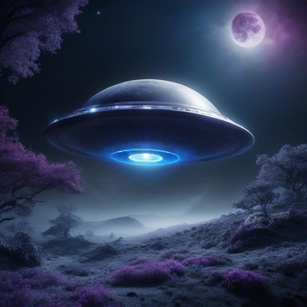  Flying saucer. Space, fantasy. Purple, blue, silver colors. Moon. hyperrealistic, full body, detailed clothing, highly detailed, cinematic lighting, stunningly beautiful, intricate, sharp focus, f/1. 8, 85mm, (centered image composition), (professionally color graded), ((bright soft diffused light)), volumetric fog, trending on instagram, trending on tumblr, HDR 4K, 8K