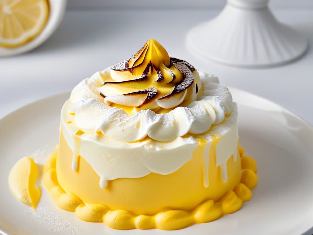  A closeup, highresolution image of a glossy, goldenbrown swirl of perfectly torched Swiss meringue topping on a small dollop of creamy lemon curd in a pristine white ramekin. The meringue is delicately caramelized, showcasing intricate peaks and valleys, with a subtle dusting of finely grated lemon zest on top, all set against a clean, matte white backdrop to emphasize the contrasting textures and vibrant colors. hyperrealistic, full body, detailed clothing, highly detailed, cinematic lighting, stunningly beautiful, intricate, sharp focus, f/1. 8, 85mm, (centered image composition), (professionally color graded), ((bright soft diffused light)), volumetric fog, trending on instagram, trending on tumblr, HDR 4K, 8K