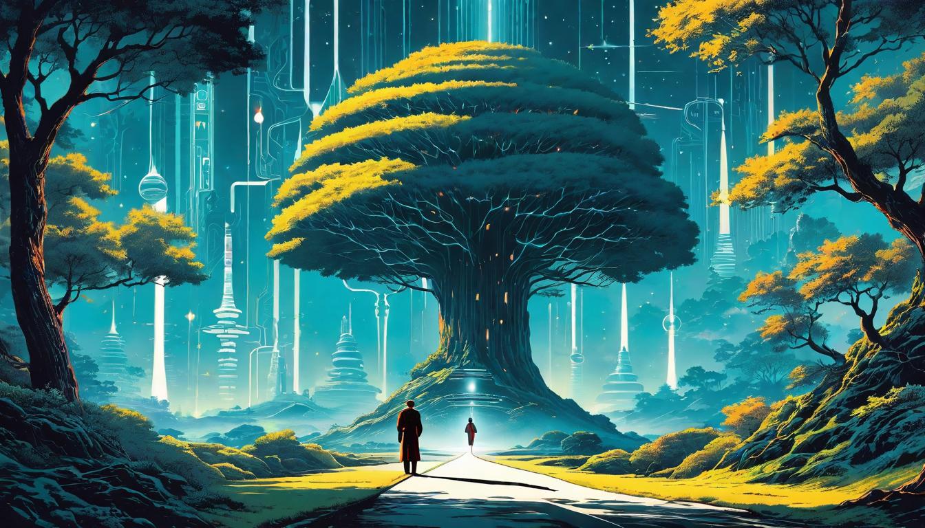  retro futuristic Person standing at a fork in a road that splits around a towering, illuminated tree, Choice between external search and inward journey lvintage sci fi, 50s and 60s style, atomic age, vibrant, highly detailed